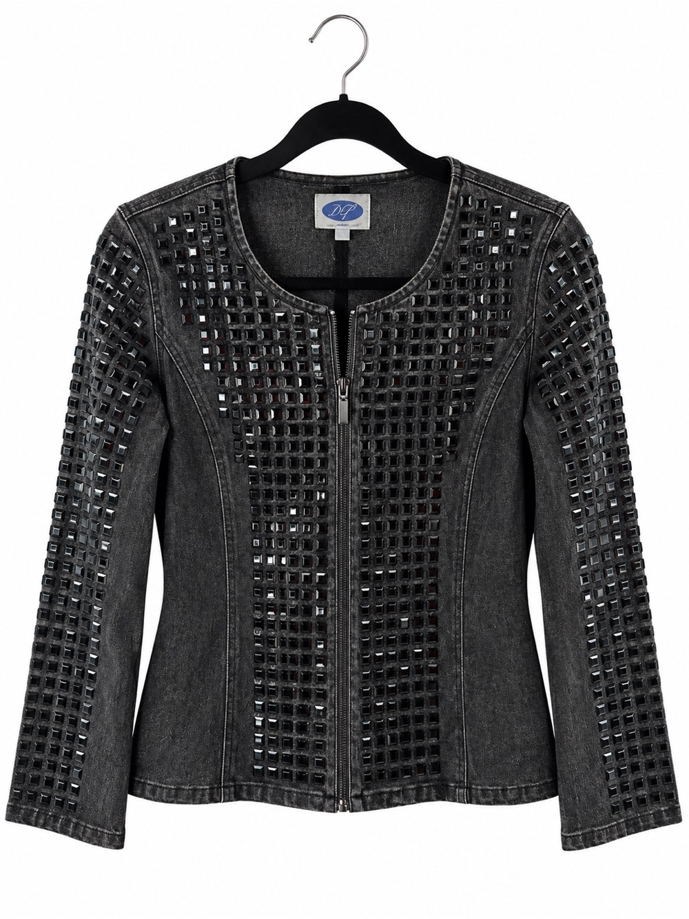 DG2 Diane Gilman Black Studded Denim Jacket Small Zip Front Embellished Moto